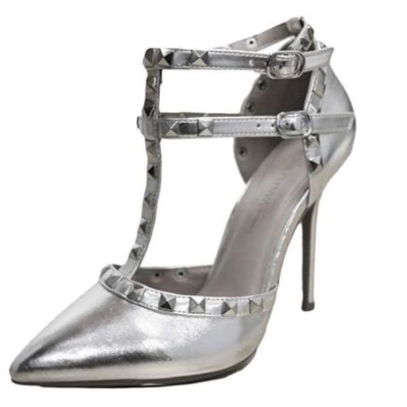 Wild Diva Shoes - Wild Diva Women Stiletto Heels Pointy Toe Studded Pumps Strap Silver ADORA-64